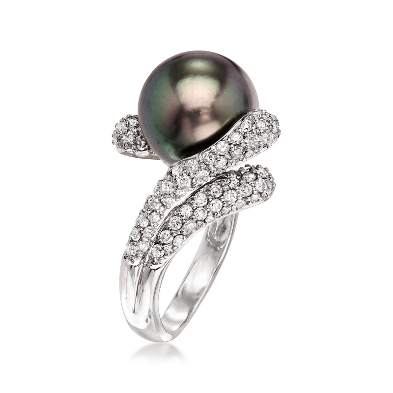 Black cultured pearl bypass ring with diamond pave in white gold