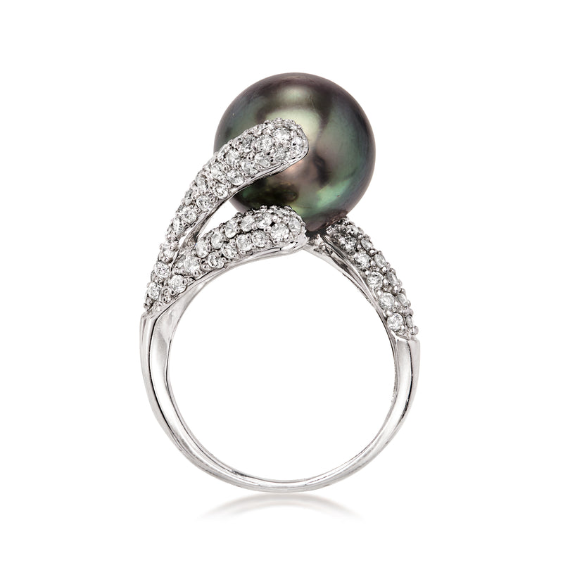Bypass ring with black cultured pearl and diamonds in white gold