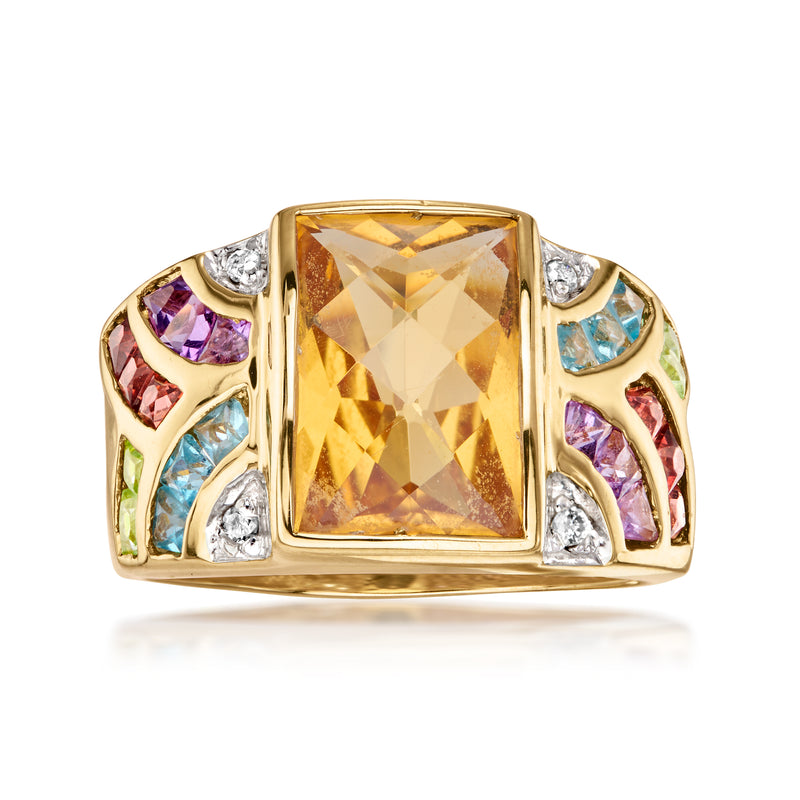 Vintage yellow gold gemstone ring with large citrine center and multicolor side stones