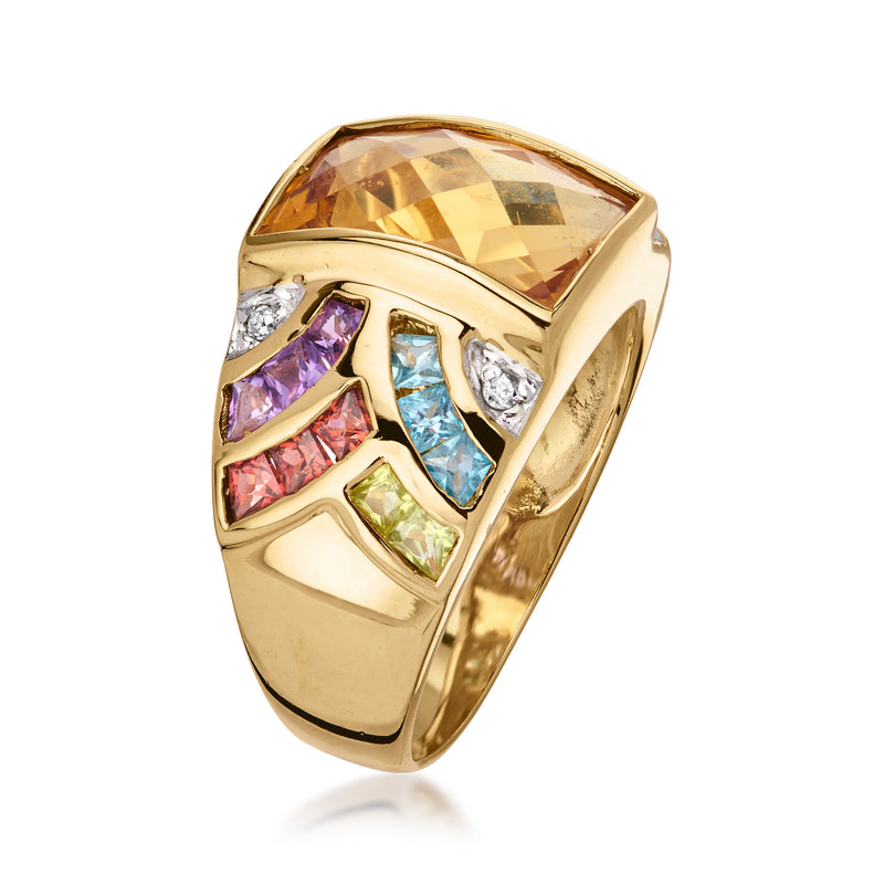 C. 1980 Vintage 4.60 Carat Citrine and 1.56 ct. t.w. Multi-Gemstone Ring with Diamonds in 14kt Yellow Gold. Size 8