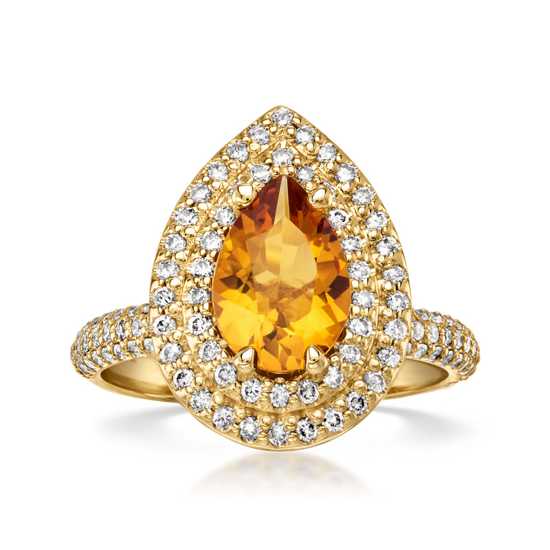 Vintage citrine diamond ring with pear halo, 14kt yellow gold setting