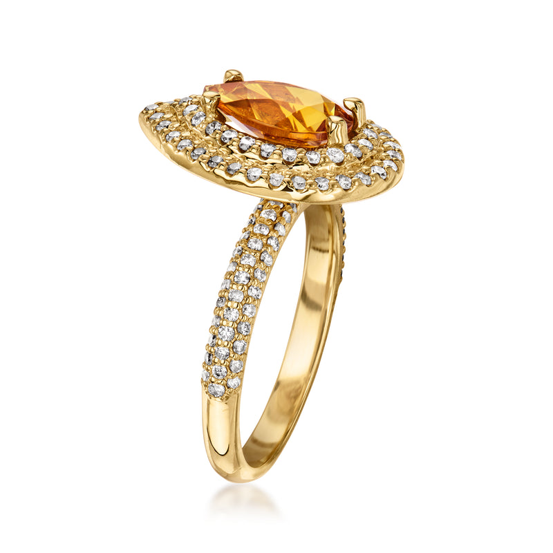 Citrine diamond ring angled view, pear center stone in diamond halo, 14kt gold