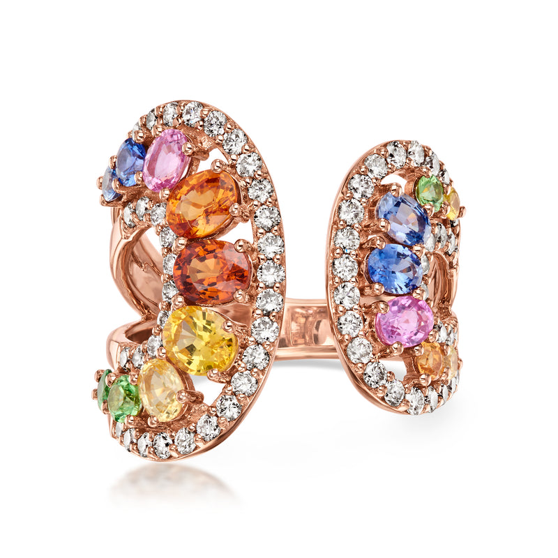 Rose gold oval cuff ring with multicolored sapphires and diamond accents
