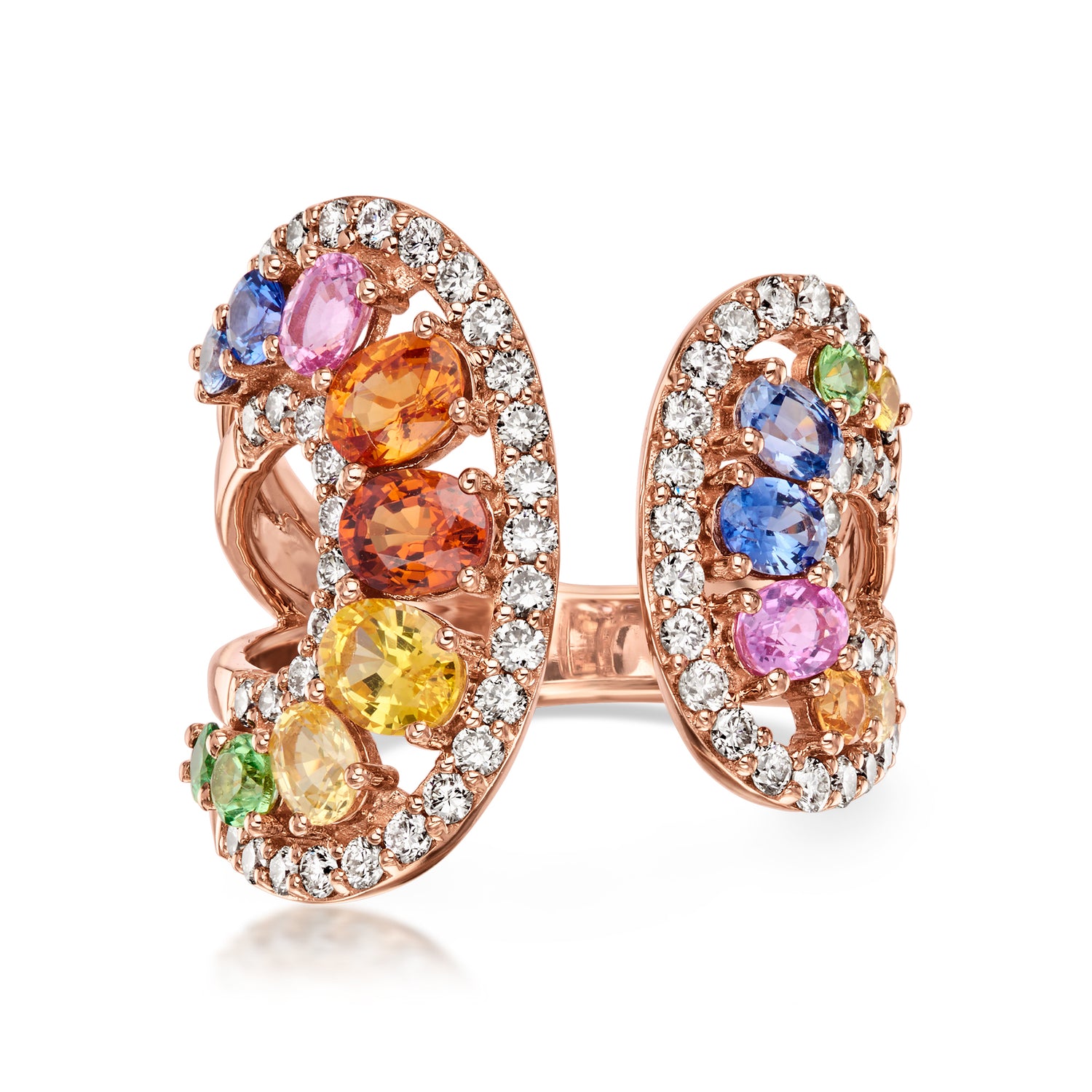 C. 2000 Vintage 2.60 ct. t.w. Multicolored Sapphire and 1.30 ct. t.w. Diamond Cuff Ring with .40 ct. t.w. Garnets in 14kt Rose Gold