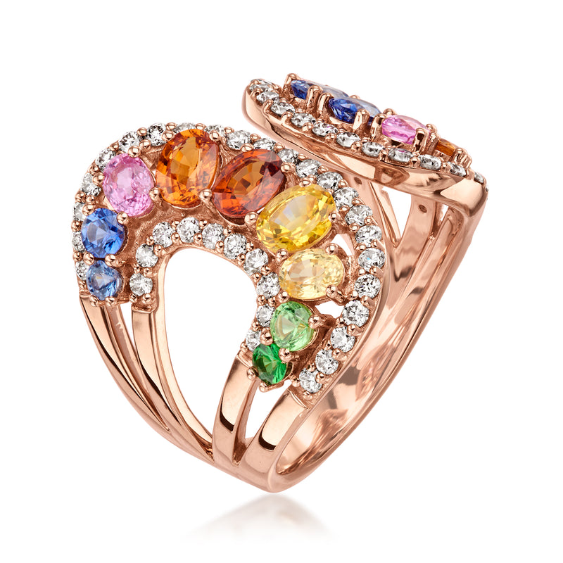 Rose gold open oval cuff ring with multicolored gemstones and diamond halo detailing