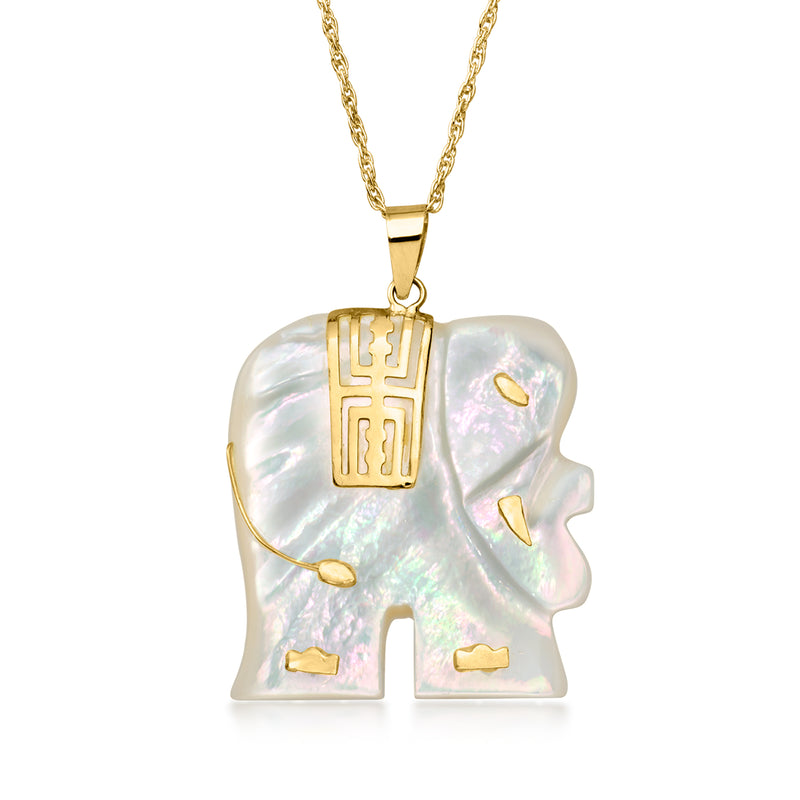 Elephant pendant necklace with mother-of-pearl inlay and 14kt yellow gold chain