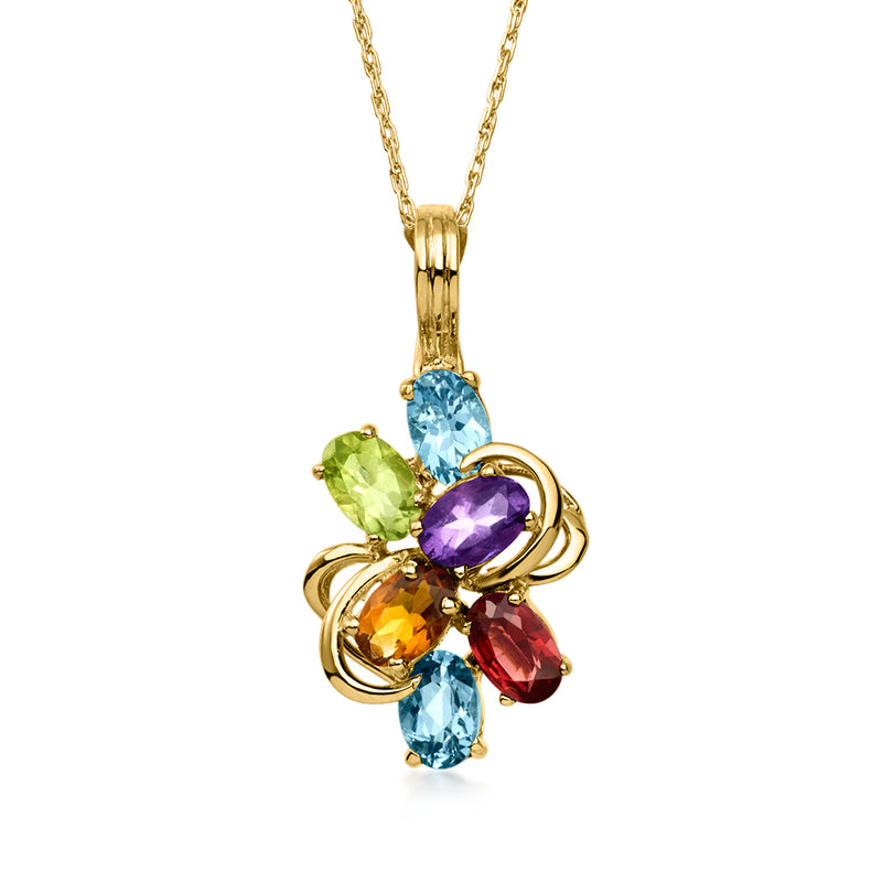 14kt yellow gold cluster pendant necklace with multicolor gemstones—blue, green, purple