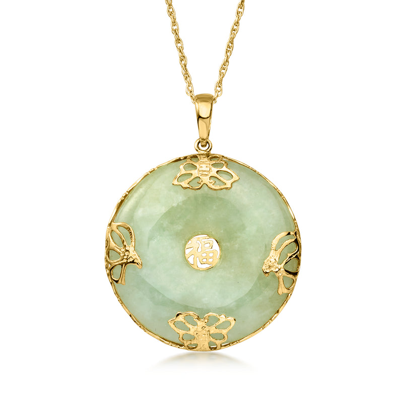 Jade green round pendant necklace with 14kt yellow gold butterfly design, long link chain