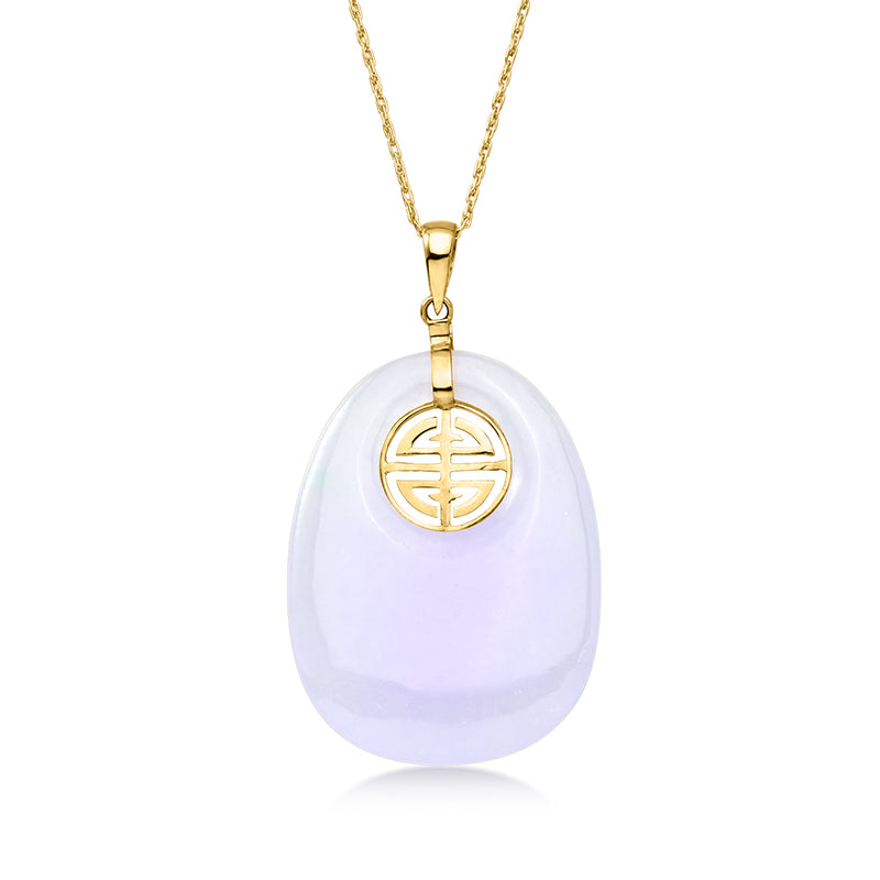 Lavender jade oval pendant necklace with gold symbol, 14kt yellow gold chain
