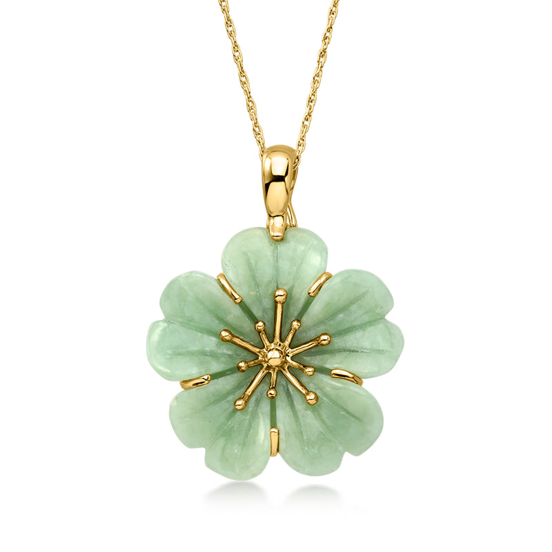 14kt yellow gold jade flower pendant necklace, mint green flower on gold chain