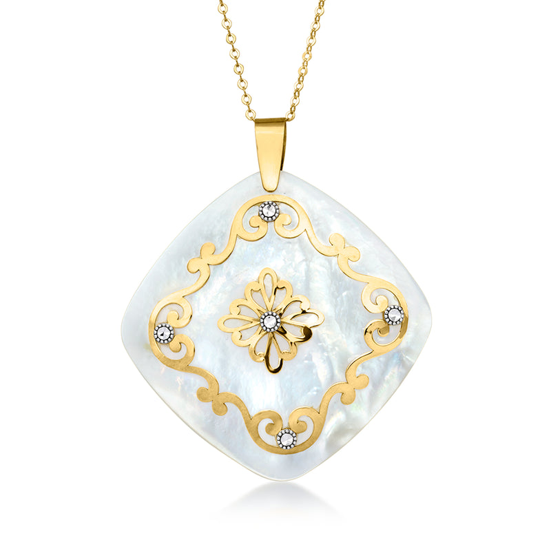 Two-tone gold pendant necklace with mother-of-pearl diamond pendant and flower motif