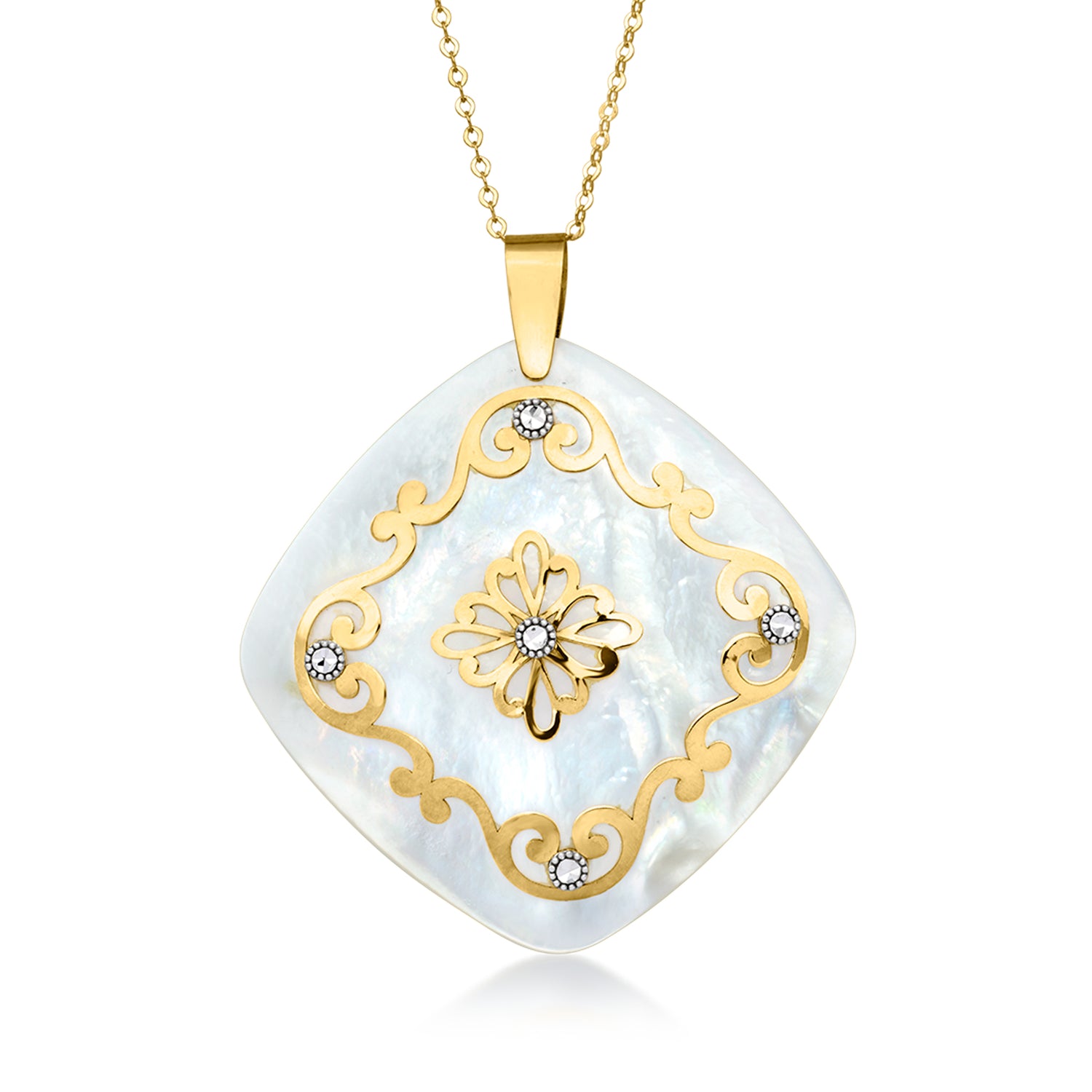 C. 1990 Vintage Mother-of-Pearl Pendant Necklace in 14kt Two-Tone Gold