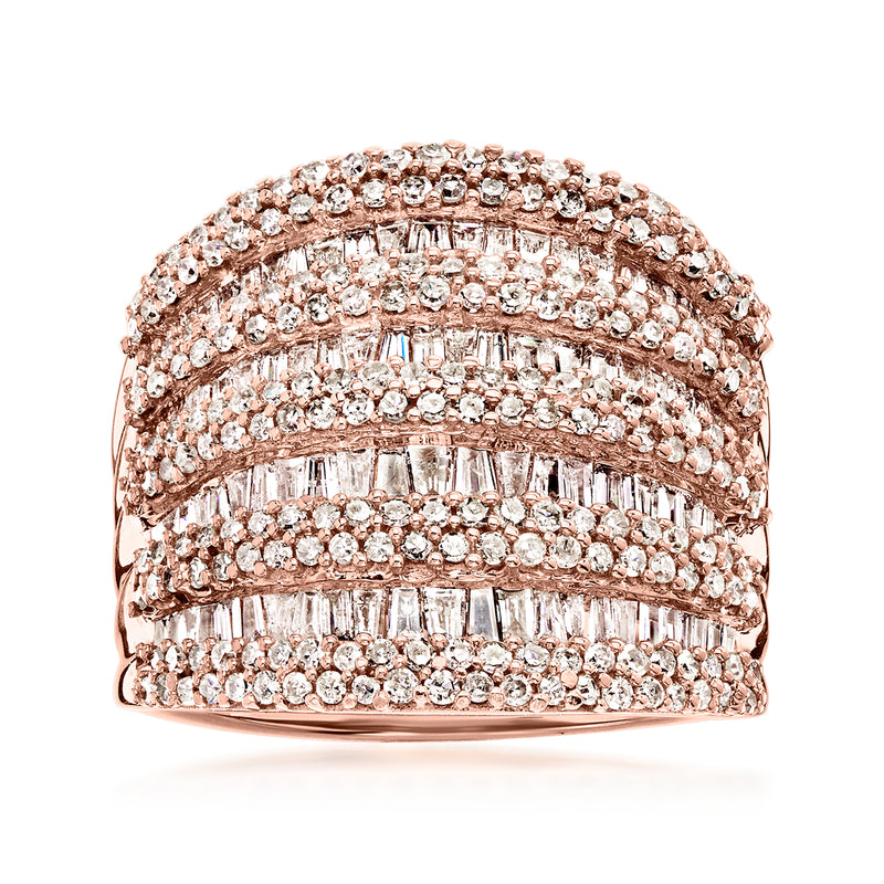 Rose gold diamond multi-row dome ring with three rows of round stones