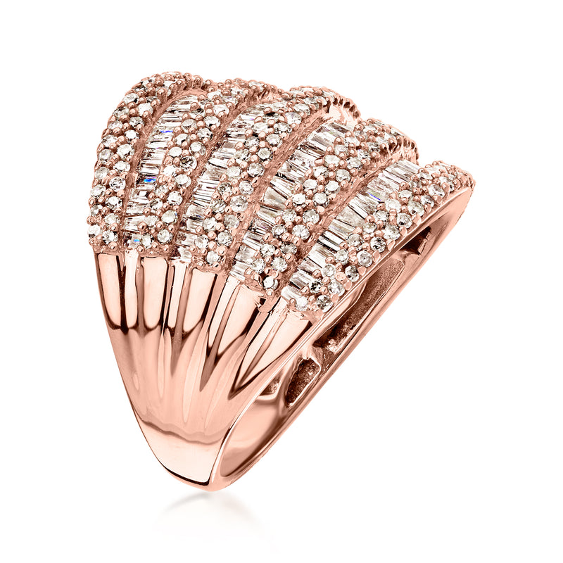 Rose gold diamond multi-row cluster ring with prong-set baguette-style stones