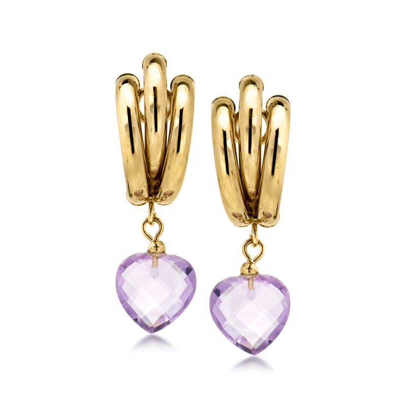 14kt yellow gold heart drop earrings with purple amethyst gemstones