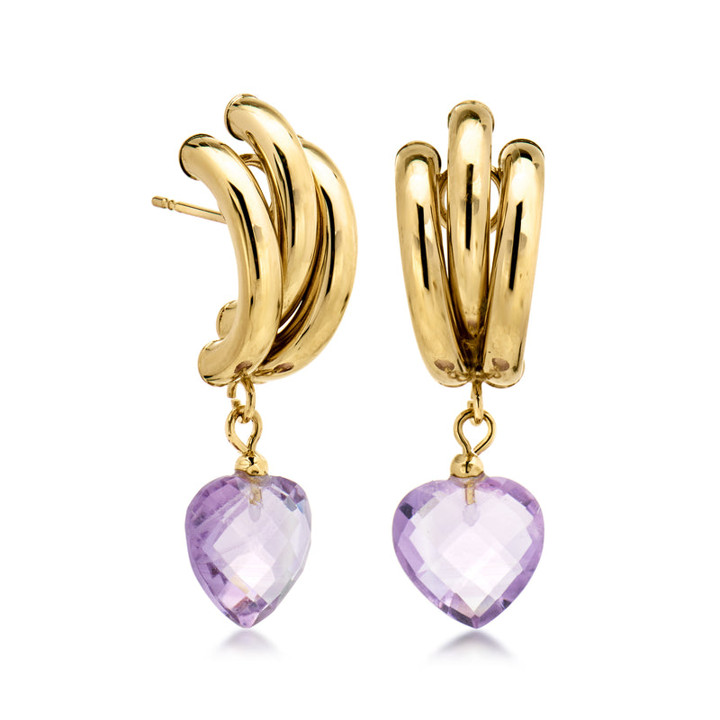 Gold heart drop earrings with faceted purple amethyst heart dangles