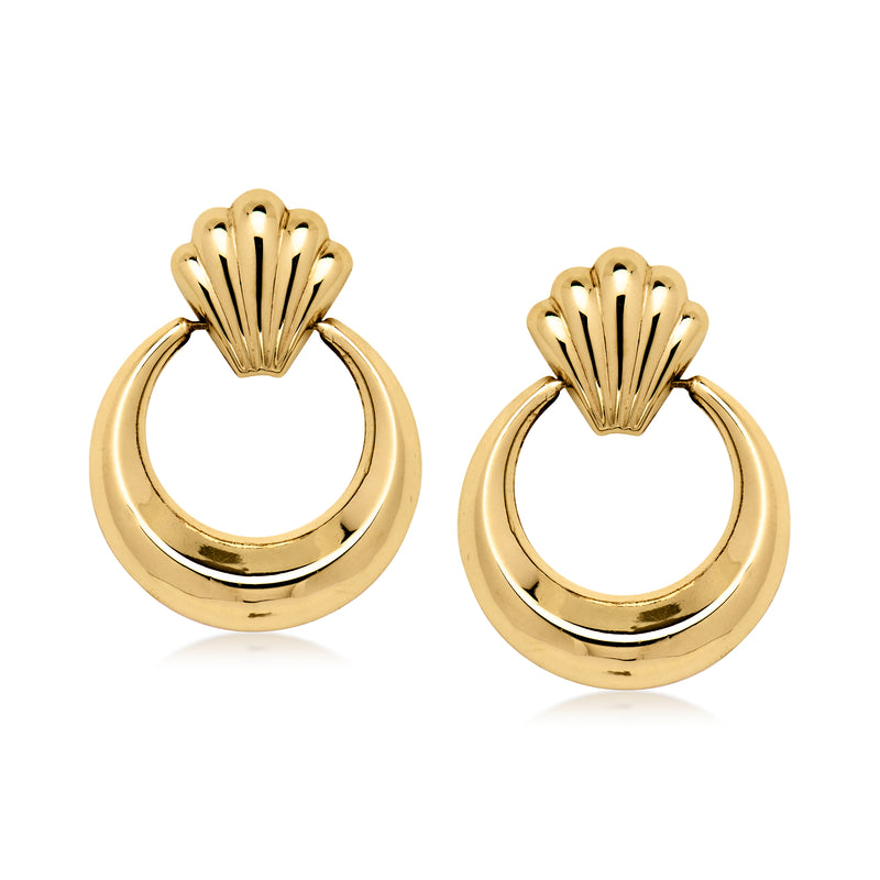 14kt yellow gold doorknocker post earrings, fan top with circular ring drop, pair