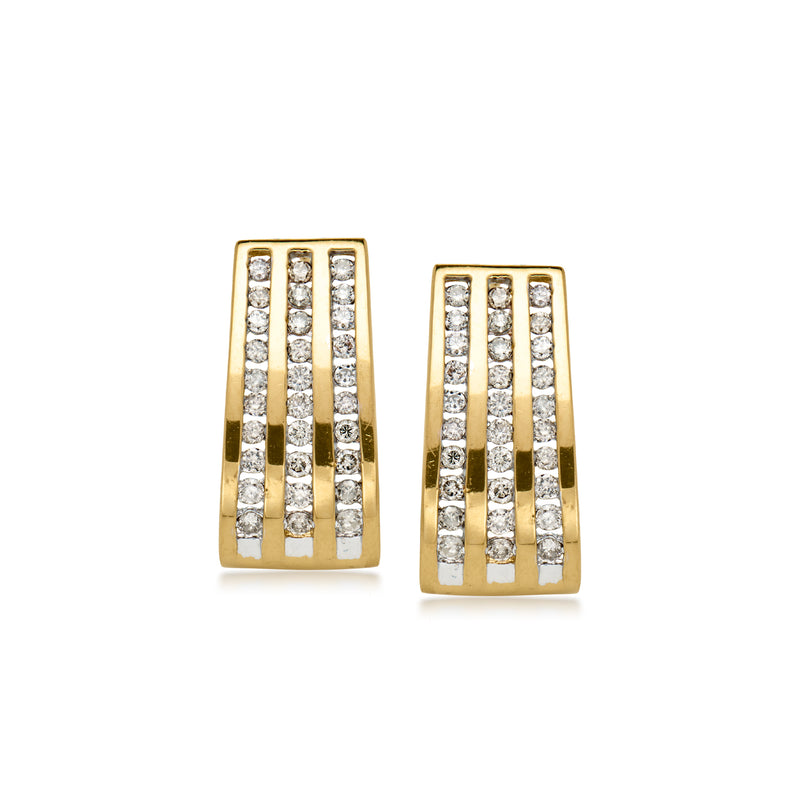 14kt yellow gold rectangular three-row diamond stud earrings, curved bar design