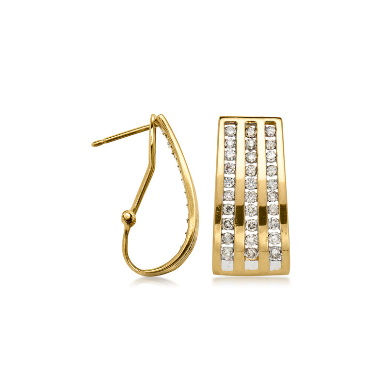 14kt yellow gold curved post earrings with three vertical diamond rows on rectangular face