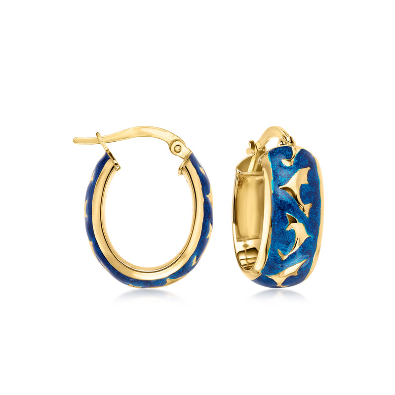 14k yellow gold hoop earrings with blue enamel dolphin detail