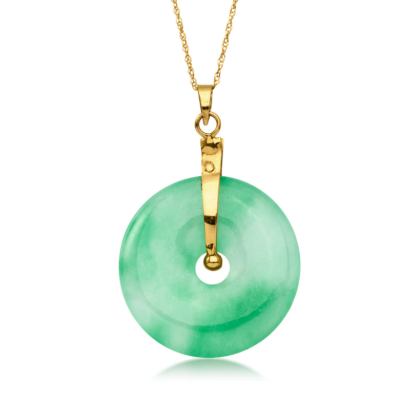 Round jade disc pendant on 14kt yellow gold chain necklace, carved green gem