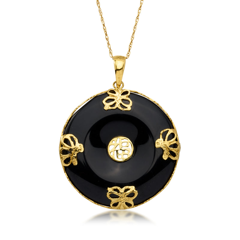 Round onyx-black pendant necklace in 14kt yellow gold with butterfly motifs