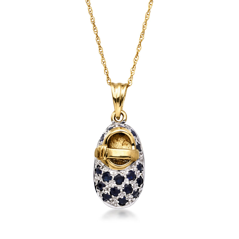 Two-tone gold bootie pendant necklace with dark blue sapphire stones