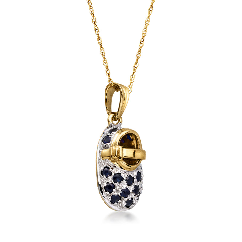 Two-tone gold bootie pendant necklace, oval sapphire stone inlay
