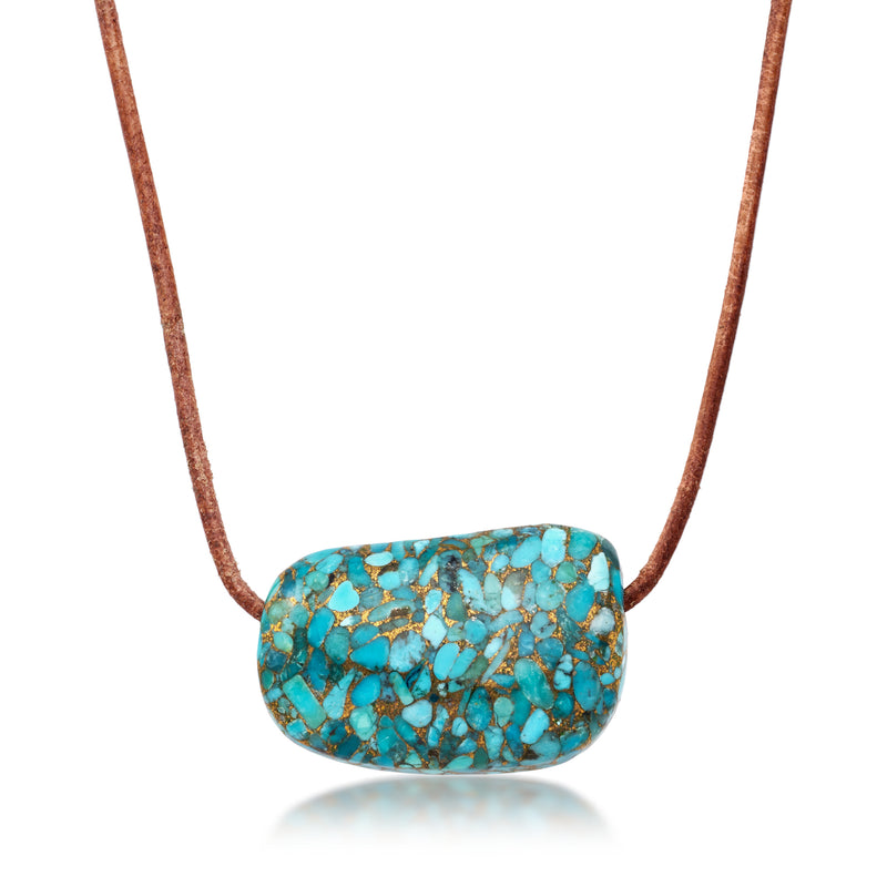 Turquoise beaded pendant necklace on brown leather cord