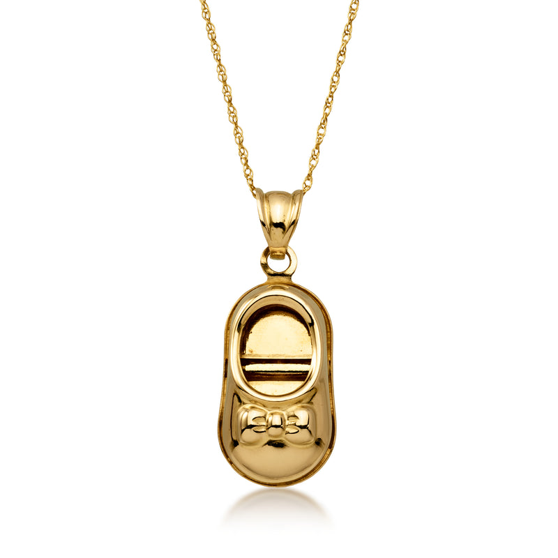 14kt yellow gold baby bootie pendant necklace, front view