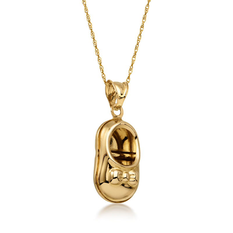 14kt yellow gold baby bootie pendant necklace, side angle