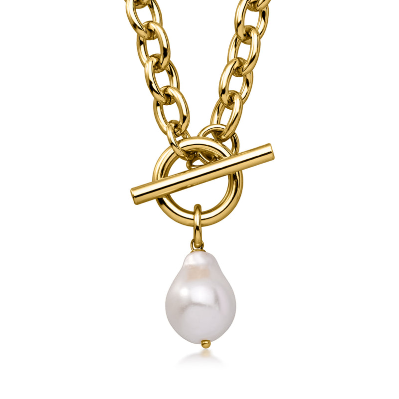 Gold-plated necklace with simulated baroque pearl charm and chain-link pendant