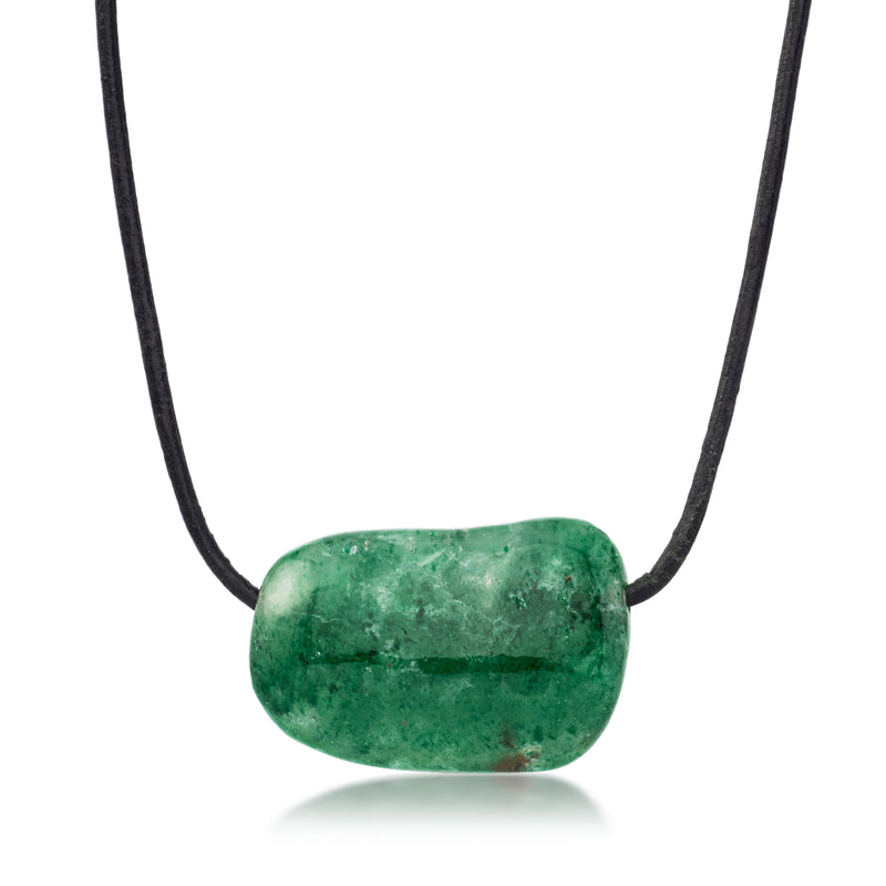 Green gemstone bead pendant on black leather cord necklace