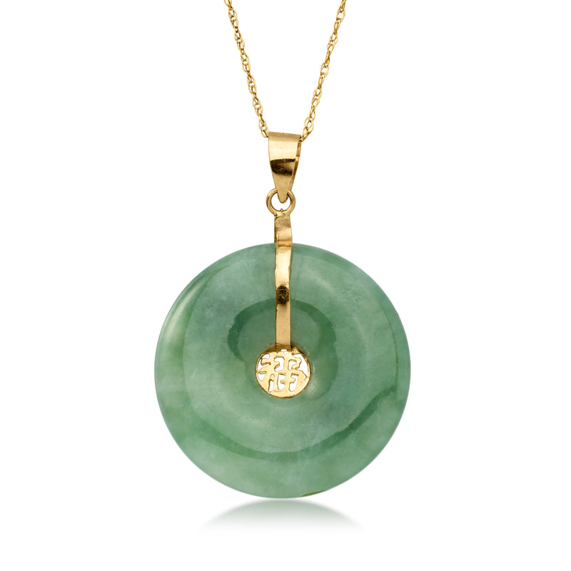Jade disc pendant necklace in 14k yellow gold with green round gemstone disc