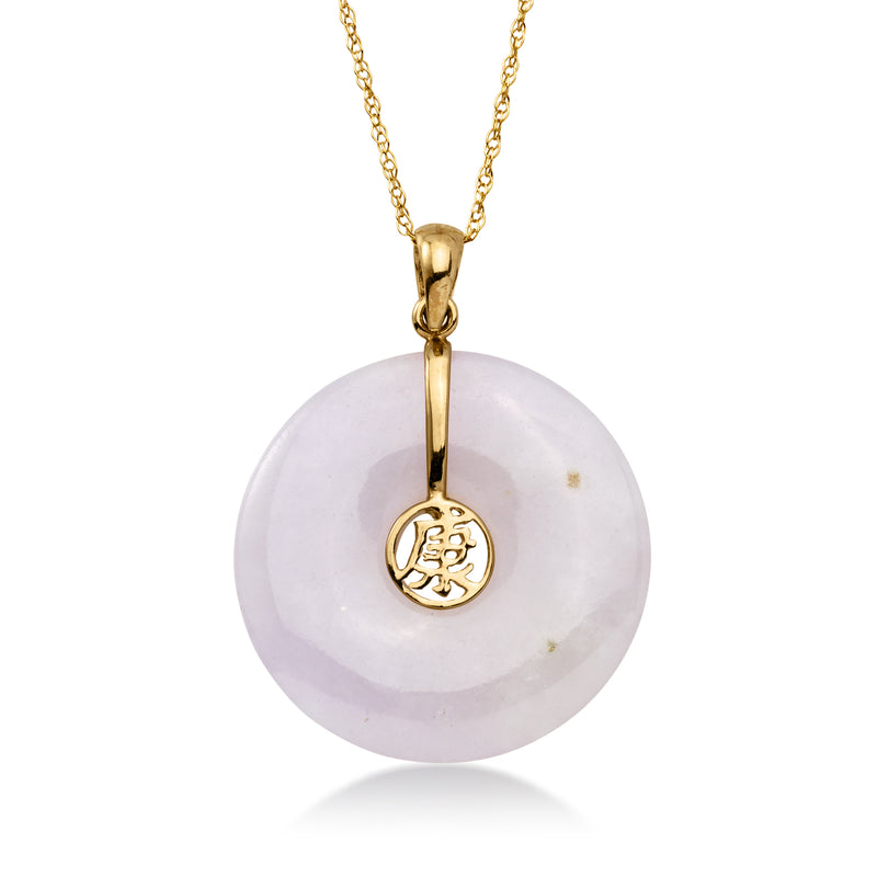 Lavender jade disc pendant necklace in 14kt yellow gold, round drop on chain