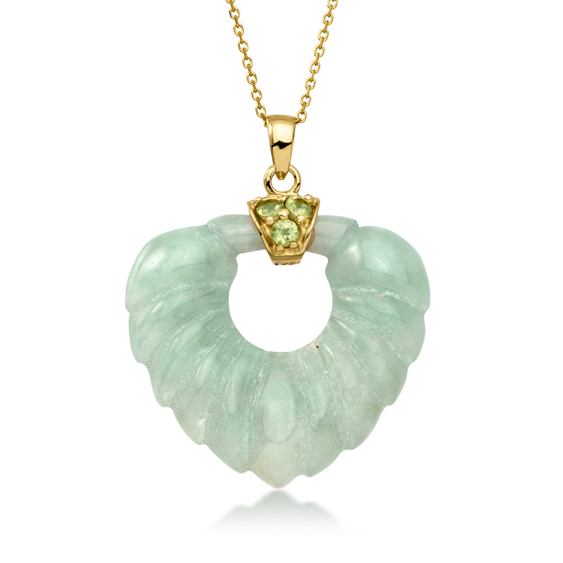 Carved jade pendant necklace with peridot accents on 14kt yellow gold chain