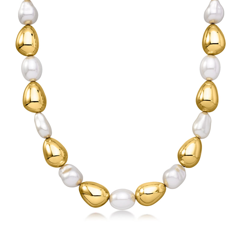 Gold-plated necklace with simulated baroque pearls and white bead accents