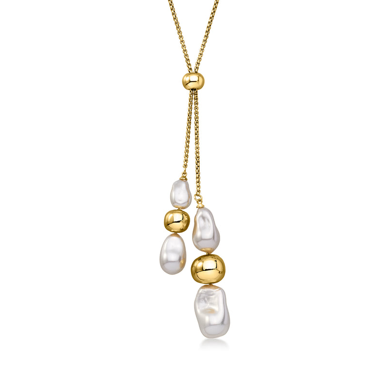 Gold-plated lariat necklace with white faux baroque pearls and gold bead accents