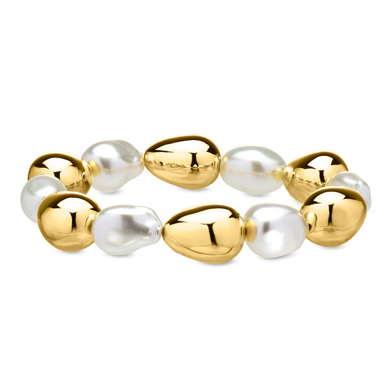 Gold-plated bracelet with baroque-style white pearl beads and oval gold links