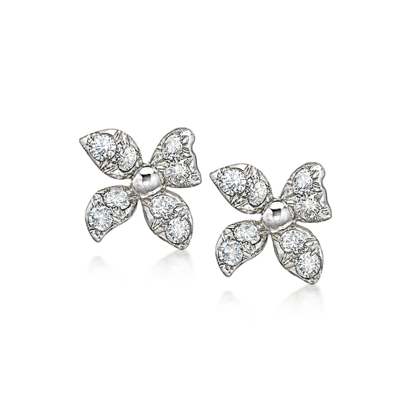 14kt white gold diamond flower stud earrings, five-petal cluster with post backs