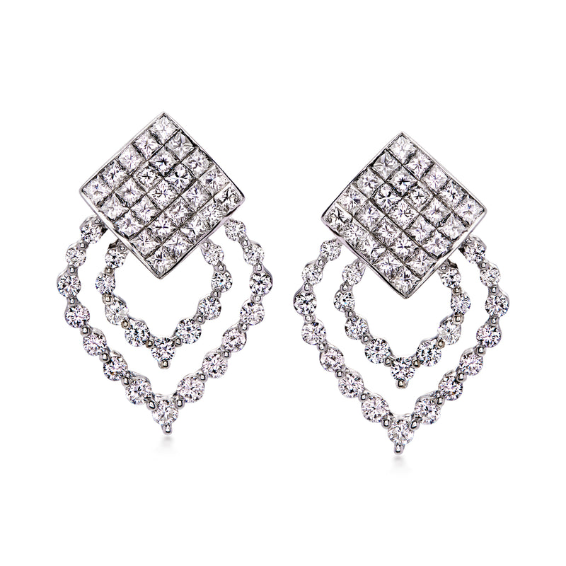 Diamond cluster square stud with dangling sparkle links, post earrings