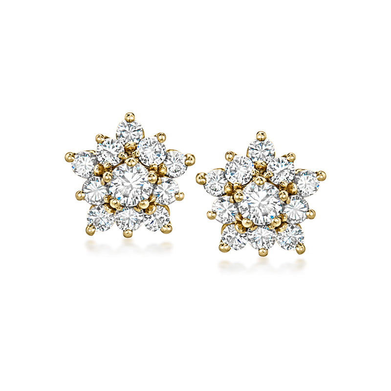 Diamond cluster stud earrings in yellow gold with round stones and post backs