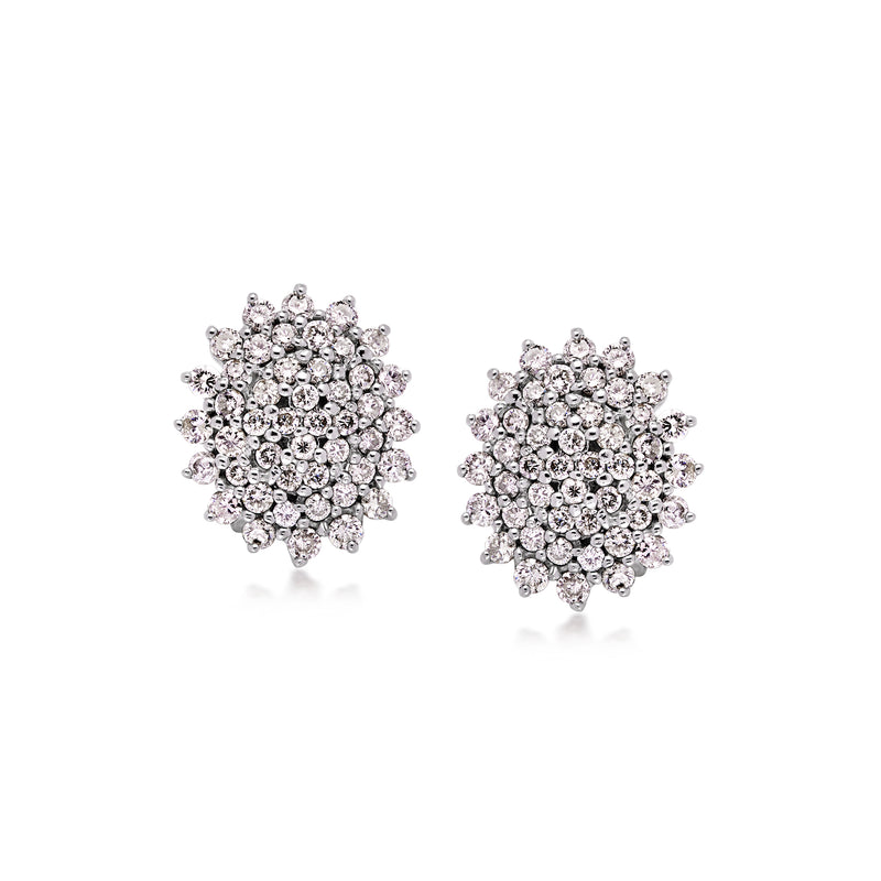 Diamond cluster stud earrings with round clear stones in a flower-like starburst