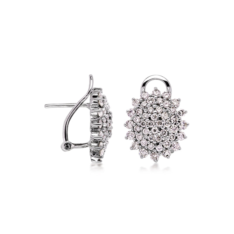 Diamond cluster earrings, hinged back with post and round stones in starburst cluster