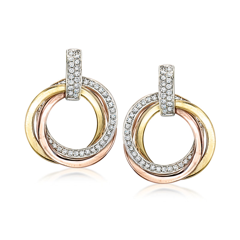 Diamond circle trio drop earrings in tri-colored gold with pavé-set circular hoops