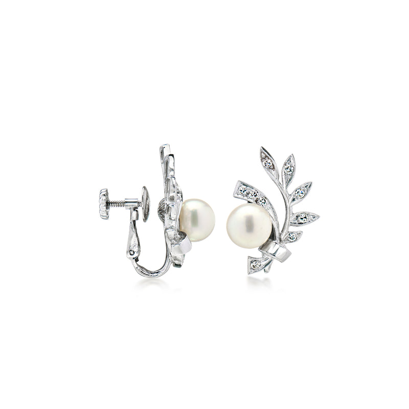 14kt white gold pearl and diamond leaf clip earrings, side view