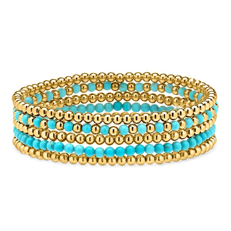 Turquoise bead stretch bracelet set with yellow gold-plated bead rows