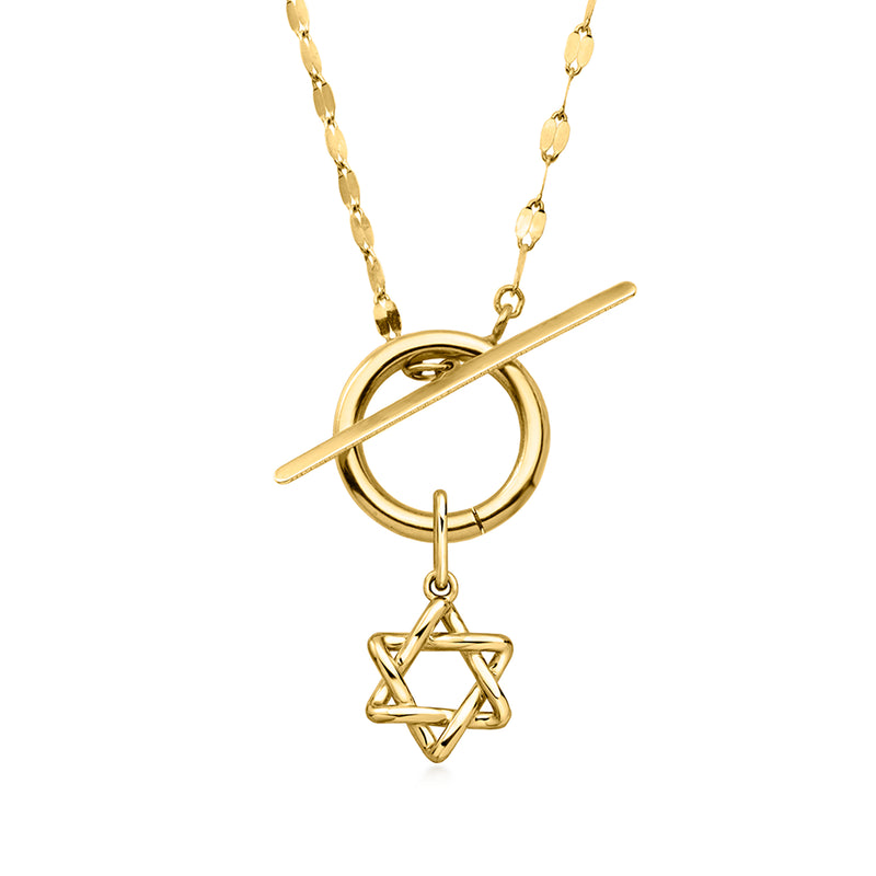 Yellow gold Star of David charm pendant with circular ring and straight bar on chain