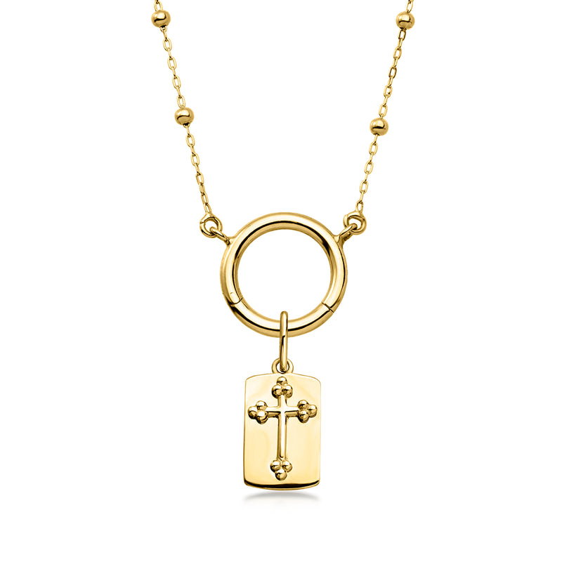Yellow gold cross tag charm on chain with open circular ring
