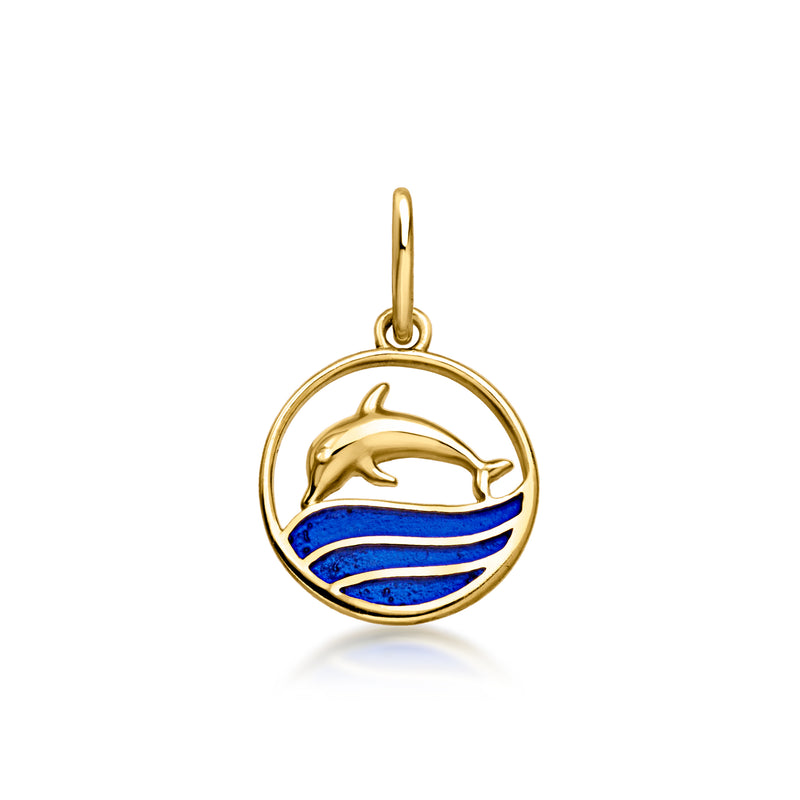 10kt yellow gold dolphin charm with blue enamel waves